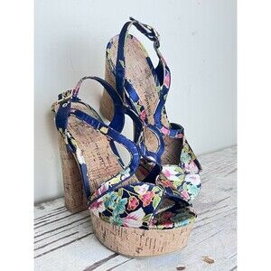 Stylish Chinese Laundry ‘Party Time’ Cork Wedge Heels Kimono Floral Print 6.5”